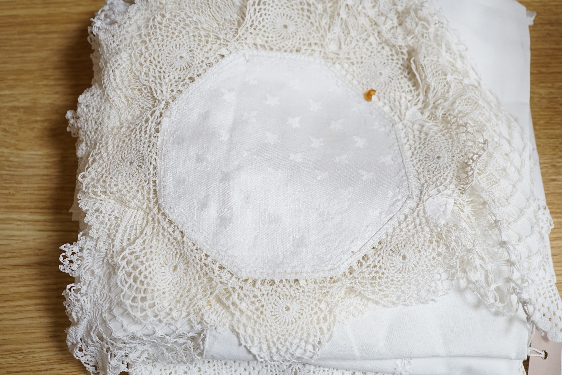 Victorian and later crochet edged table linen